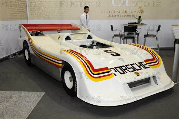 RETRO CLASSICS 2010, Stuttgart Messe, White Porsche racing car prototype with colour stripes, exhibited at a trade fair, Stuttgart Messe, Stuttgart, Baden-Wuerttemberg, Germany, Europe