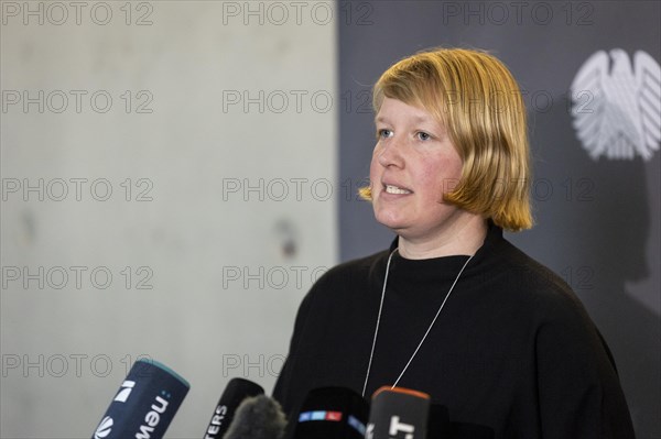 Wiebke Esdar, Member of the German Bundestag (SPD) and Chair of the 'Sondervermoegen Bundeswehr' committee, recorded during a press statement in the German Bundestag in Berlin, 20 March 2024