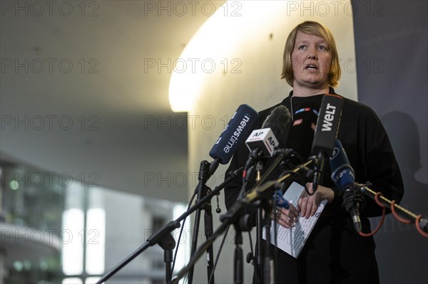 Wiebke Esdar, Member of the German Bundestag (SPD) and Chair of the 'Sondervermoegen Bundeswehr' committee, recorded during a press statement in the German Bundestag in Berlin, 20 March 2024