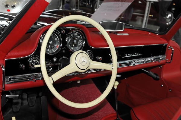 RETRO CLASSICS 2010, Stuttgart Messe, Stuttgart, Baden-Wuerttemberg, Germany, Europe, classic car, Mercedes-Benz 300 SL, Red dashboard and steering wheel of a classic car, Europe