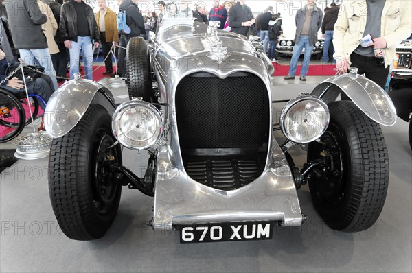 RETRO CLASSICS 2010, Stuttgart Messe, Stuttgart, Baden-Wuerttemberg, Germany, Europe, SIDDELEY 5500 Streamline, built in 1936, front view of a polished vintage racing car with chrome grille and old licence plate, Europe