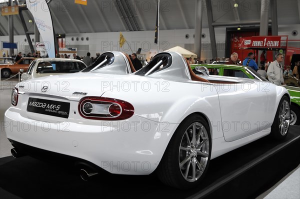 RETRO CLASSICS 2010, Stuttgart Messe, The rear view of a white Mazda MX-5 convertible at a car show, Stuttgart Messe, Stuttgart, Baden-Wuerttemberg, Germany, Europe