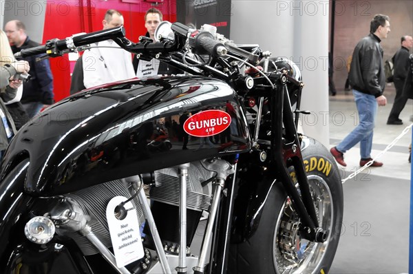 RETRO CLASSICS 2010, Stuttgart Trade Fair, Detailed view of a GUNBUS motorbike with chrome parts at a motorbike trade fair, Stuttgart Trade Fair, Stuttgart, Baden-Wuerttemberg, Germany, Europe