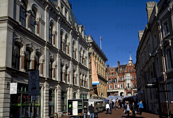 Market stalls and town centre buildings, Lloyds Avenue, Ipswich, Suffolk, England, United Kingdom, Europe