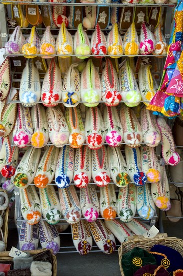 Woollen slippers footwear display, Rhodes, Greece, Europe