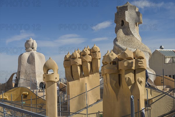 Roof with chimneys, La Pedrera, Casa Mila by Antoni Gaudi, Barcelona, Catalonia, Spain, Europe