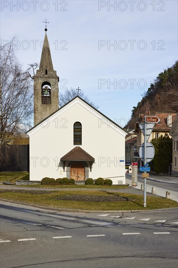 Bell tower with church Clocher de la chapelle St. Michel in Martigny, district of Martigny, canton of Valais, Switzerland, Europe