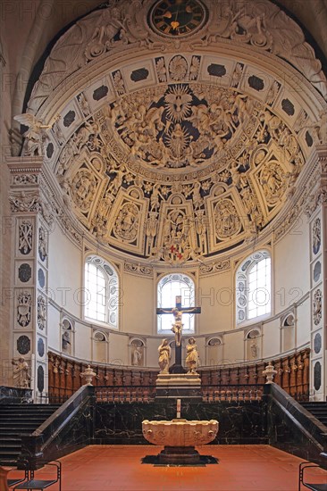 Interior view of the west choir with ceiling fresco, baptismal font and crucifix from UNESCO St Peter's Cathedral, dome, arts and crafts, Trier, Rhineland-Palatinate, Germany, Europe
