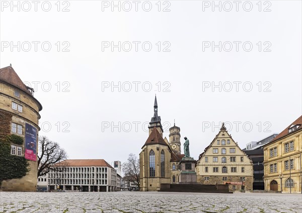 Schillerplatz square with Schiller monument, town hall tower, collegiate church and fruit cellar, city view Stuttgart, Baden-Wuerttemberg, Germany, Europe