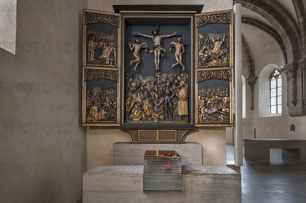 Glass tabernacle and the cross altar from 1517 in St Clare's Church, Koenigstrasse 66, Nuremberg, Middle Franconia, Bavaria, Germany, Europe