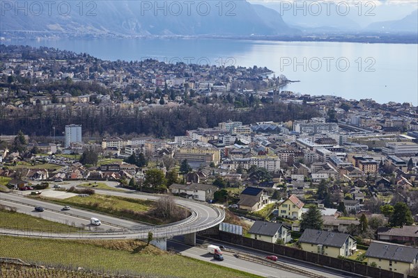 Main road 12 of Vevey and Lake Geneva from the Jongny site, Riviera-Pays-d'Enhaut district, Vaud, Switzerland, Europe