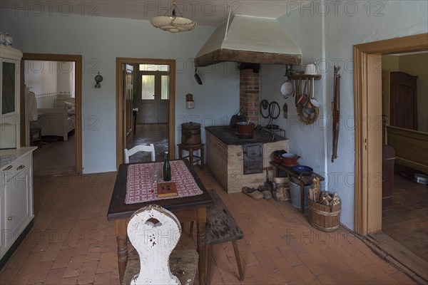 Kitchen with cooking area in a farmhouse from the 19th century, Open-Air Museum of Folklore Schwerin-Muess, Mecklenburg-Vorpommerm, Germany, Europe