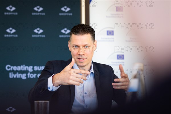 Markus Fuhrmann, founder and CEO of GROPYUS, at a press conference in Berlin on Tuesday 19 March 2024. The EIB is providing GROPYUS with a EUR40 million InvestEU-backed Venture Dent loan to fully automate the production of sustainable apartment buildings