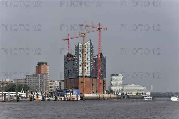 The Elbe Philharmonic Hall concert hall in Hamburg with surrounding construction site cranes and water in the foreground, Hamburg, Hanseatic City of Hamburg, Germany, Europe