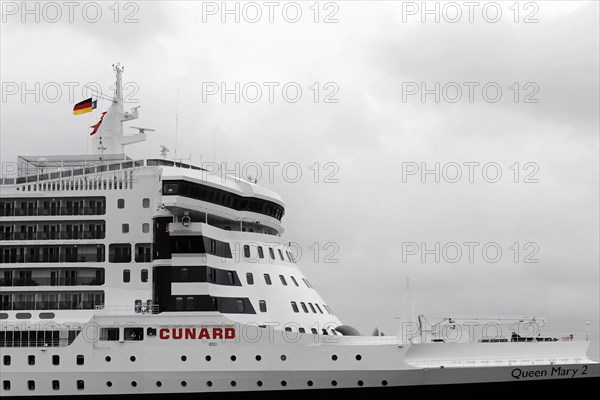 Close-up of the bridge of a cruise ship, Queen Mary 2, under a cloudy sky, Hamburg, Hanseatic City of Hamburg, Germany, Europe