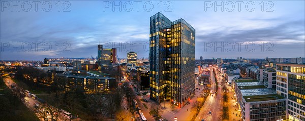 Panorama aerial view Dancing Towers at blue hour with Reeperbahn, St. Pauli, Hamburg, Germany, Europe