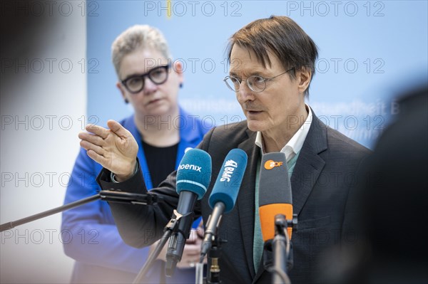 Karl Lauterbach (SPD), Federal Minister of Health, Christine Vogler (in the background), President of the German Nursing Council e.V., recorded during talks on the key points of the Nursing Competence Act, with nursing associations, at the Federal Ministry of Health in Berlin, 20 March 2024