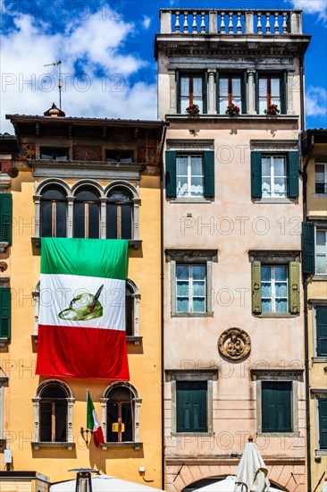 Piazza San Giacomom with Alpini flag, Udine, most important historical city of Friuli, Italy, Udine, Friuli, Italy, Europe