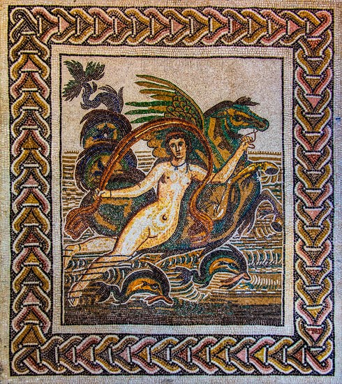 Nereide, Mosiak copy, Casa dei Delfini El Jem, 2nd century, mosaic school producing mosaic masters, Spilimbergo, city of mosaic art, Friuli, Italy, Spilimbergo, Friuli, Italy, Europe