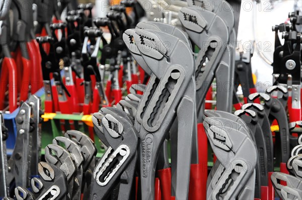 RETRO CLASSICS 2010, Stuttgart Messe, Several pliers in grey, black and red, organised in a row on the tool shelf, Stuttgart Messe, Stuttgart, Baden-Wuerttemberg, Germany, Europe