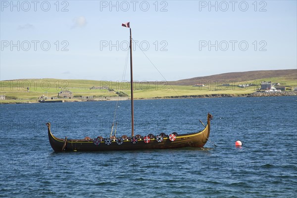 Viking longboat in Bressay Sound, Lerwick, Shetland Islands, Scotland, United Kingdom, Europe