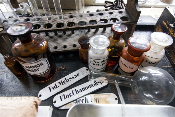 Glass jars for the production of medicines stand in the former laboratory in the historic Berg Pharmacy in Clausthal-Zellerfeld. The current Berg-Apotheke, one of the oldest pharmacies in Germany, was built in 1674, 09.11.2015