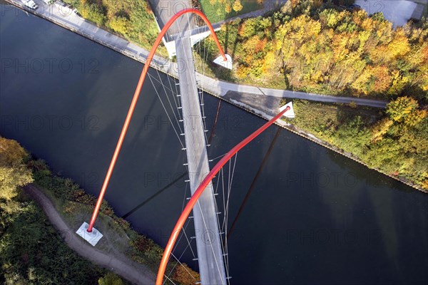 Aerial view of the double arch bridge, 28 October 2015. The Nordsternpark double arch bridge is a foot and cycle path bridge over the Rhine-Herne Canal in Nordsternpark, 28 October 2015