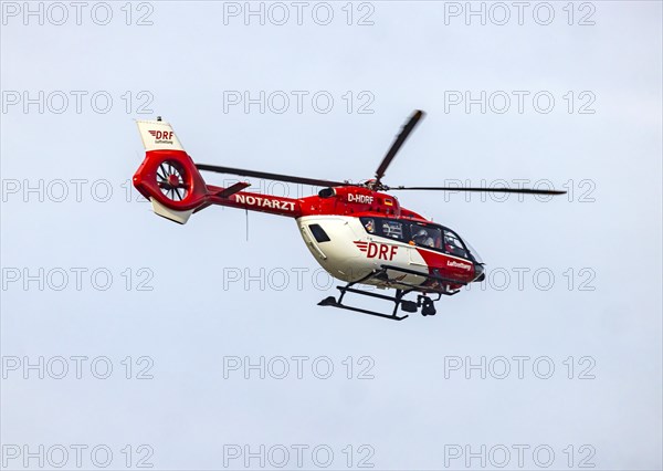 Rescue helicopter in flight, DRF Flugrettung. Airbus Helicopters H145, Mannheim, Baden-Wuerttemberg, Germany, Europe