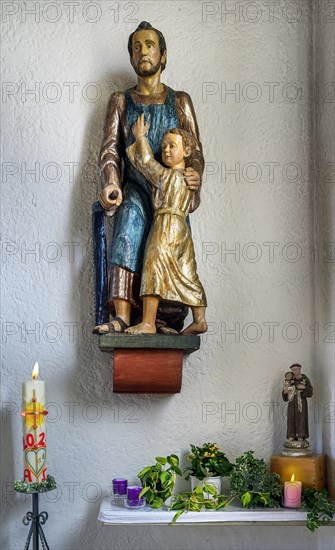 St Joseph with saw and baby Jesus, former monastery church Mater Salvatoris, Boerwang, Allgaeu, Swabia, Bavaria, Germany, Europe