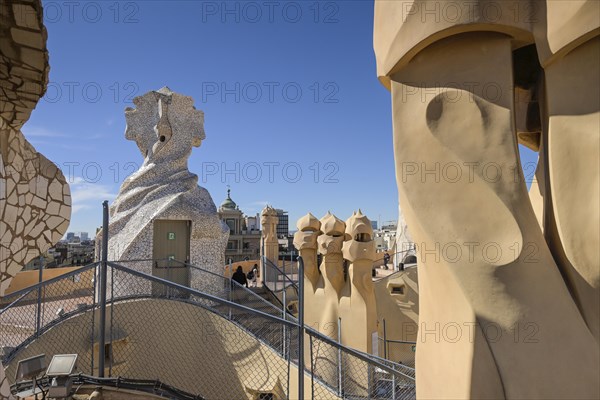 Roof with chimneys, La Pedrera, Casa Mila by Antoni Gaudi, Barcelona, Catalonia, Spain, Europe