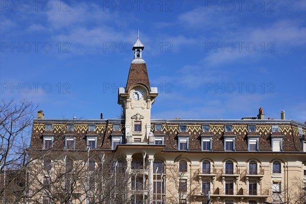 Magnificent facade and clock tower on Place de la Navigation in the Ouchy neighbourhood, Lausanne, district of Lausanne, Vaud, Switzerland, Europe