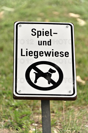 A sign showing the prohibition of dogs on a playground and sunbathing area, Hamburg, Hanseatic City of Hamburg, Germany, Europe