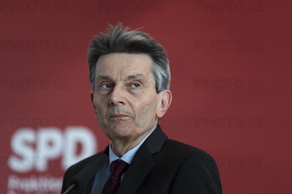 Rolf Muetzenich, SPD parliamentary group leader, gives a press statement in front of the parliamentary group meeting of the SPD parliamentary group in Berlin, 19 March 2024