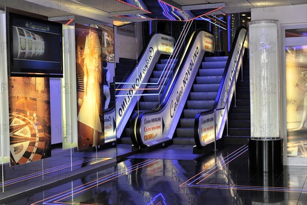 Lively cinema area with neon lighting and escalators, Hamburg, Hanseatic City of Hamburg, Germany, Europe