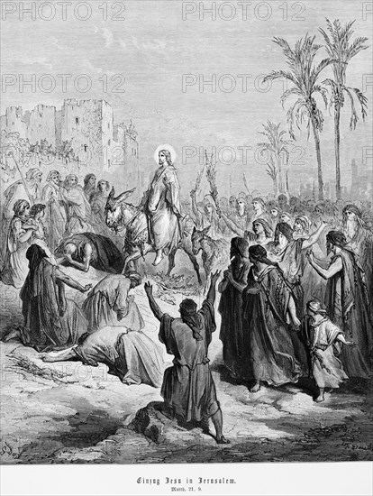 Entry of Jesus into Jerusalem, Gospel of Matthew, chapter 21, donkey, riding, crowd, city, palms, joy, Hosanna, New Testament, Bible, historical illustration 1886