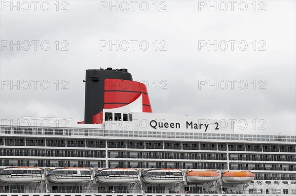Close-up of the distinctive red smokestack of the Queen Mary 2, Hamburg, Hanseatic City of Hamburg, Germany, Europe