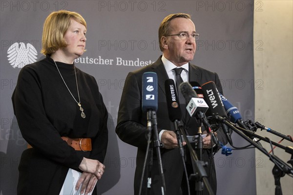 Boris Pistorius (SPD), Federal Minister of Defence with Wiebke Esdar, Member of the German Bundestag (SPD) and Chairwoman of the 'Sondervermoegen Bundeswehr' committee during a press statement in the German Bundestag in Berlin, 20.03.2024