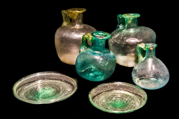 Glass balsam jars as ritual objects or grave goods, Archaeological Museum, Castello di Udine, seat of the State Museums, Udine, most important historical city of Friuli, Italy, Udine, Friuli, Italy, Europe