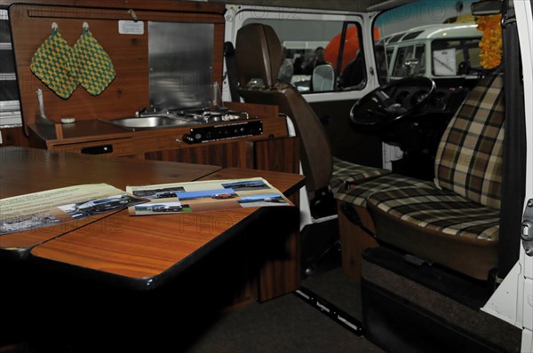 RETRO CLASSICS 2010, Stuttgart Messe, The interior of a VW Camper T 2 camper van with table, seating and wood panelling, Stuttgart Messe, Stuttgart, Baden-Wuerttemberg, Germany, Europe