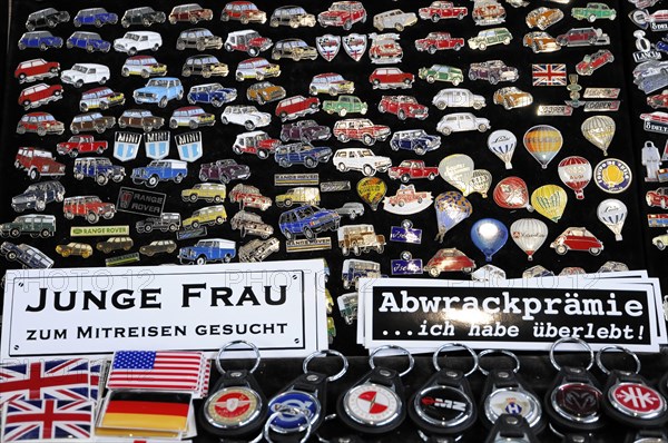 RETRO CLASSICS 2010, Stuttgart Messe, badges with car emblems and humorous slogans, Stuttgart Messe, Stuttgart, Baden-Wuerttemberg, Germany, Europe