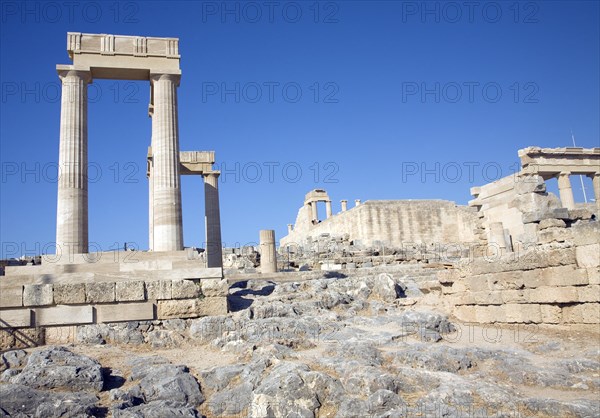 Acropolis temple and buildings, Lindos, Rhodes, Greece, Europe