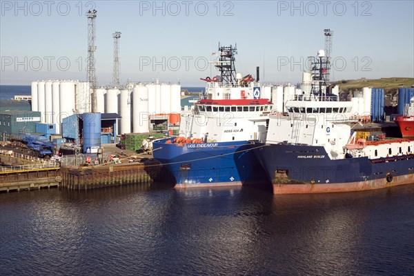 Highland Bugler and UOS Endeavour ships, Port harbour, Aberdeen, Scotland, United Kingdom, Europe