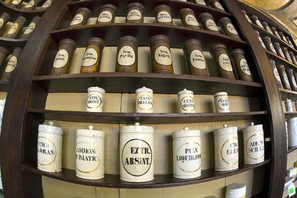 Containers with ingredients for medicines stand on a shelf in the historic Berg-Apotheke pharmacy in Clausthal-Zellerfeld, which was built in 1674 and is one of the oldest pharmacy buildings in Germany, 09 November 2015