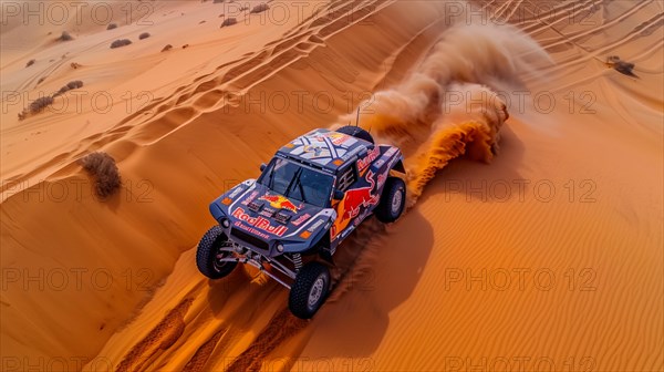 A Red Bull racing dune buggy speeding through desert sand dunes, action sports photography, AI generated