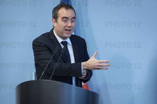 Sebastien Lecornu, French Minister of Defence, recorded during a press statement in Berlin, 22.03.2024