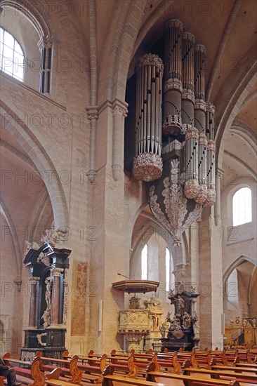 Organ and pulpit in UNESCO St Peter's Cathedral, interior view, Trier, Rhineland-Palatinate, Germany, Europe