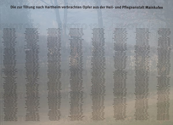 Mainkofen, Lower Bavaria, Germany, March 15th 2024, Memorial to the victims of Nazi persecution on the grounds of the Bezirksklinikum, names of the victims, Europe