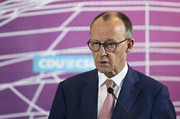 Friedrich Merz, CDU party chairman, gives a press statement in front of the CDU/CSU parliamentary group meeting in Berlin, 19 March 2024