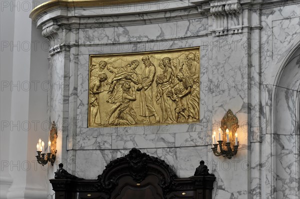 Michaeliskirche, Michel, baroque church St. Michaelis, first start of construction 1647- 1750, golden relief with figures on a marble wall in baroque style, Hamburg, Hanseatic City of Hamburg, Germany, Europe