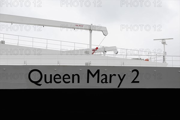 Close-up of the railing of the Queen Mary 2 with focus on the ship's name, Hamburg, Hanseatic City of Hamburg, Germany, Europe